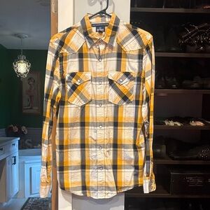Old Navy Men's Yellow and Black Plaid Long Sleeve Shirt - Size Small
